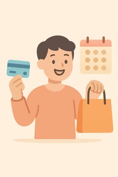 Cartoon shopper holding credit card and bag with calendar icon, illustrating ecommerce trends like Buy Now Pay Later.